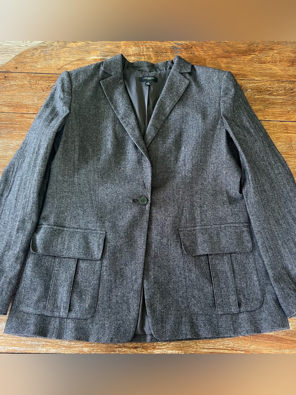 Ann Taylor Tweed Blazer Jacket Grey Textured Lined Wool Blend Office Size 14 - Picture 14 of 16